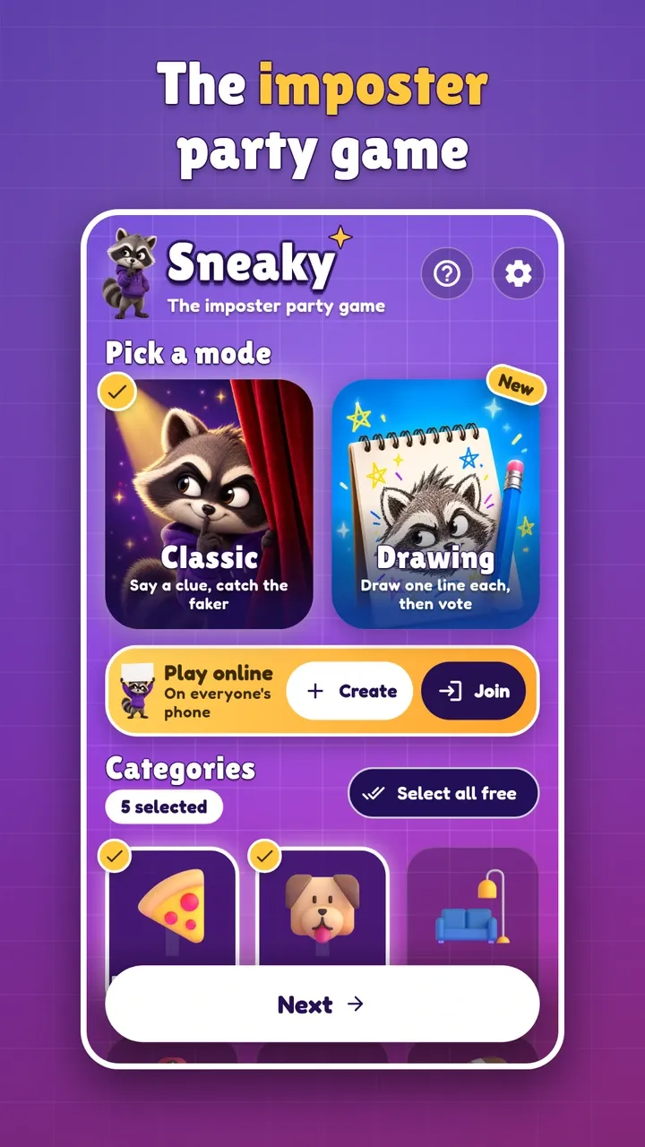 The imposter party game: the Sneaky home screen.