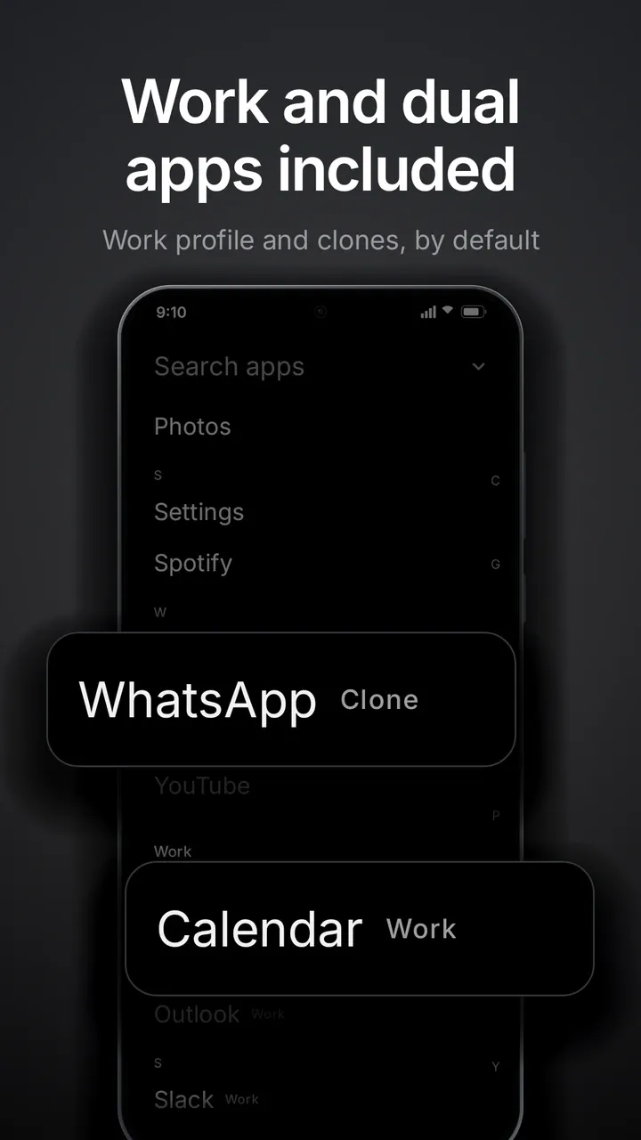 Work and dual apps included: work profile and cloned apps in the app drawer.