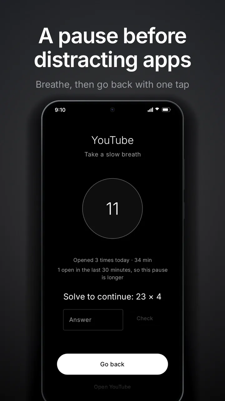 A pause before distracting apps: a breathing countdown with a Go back button.
