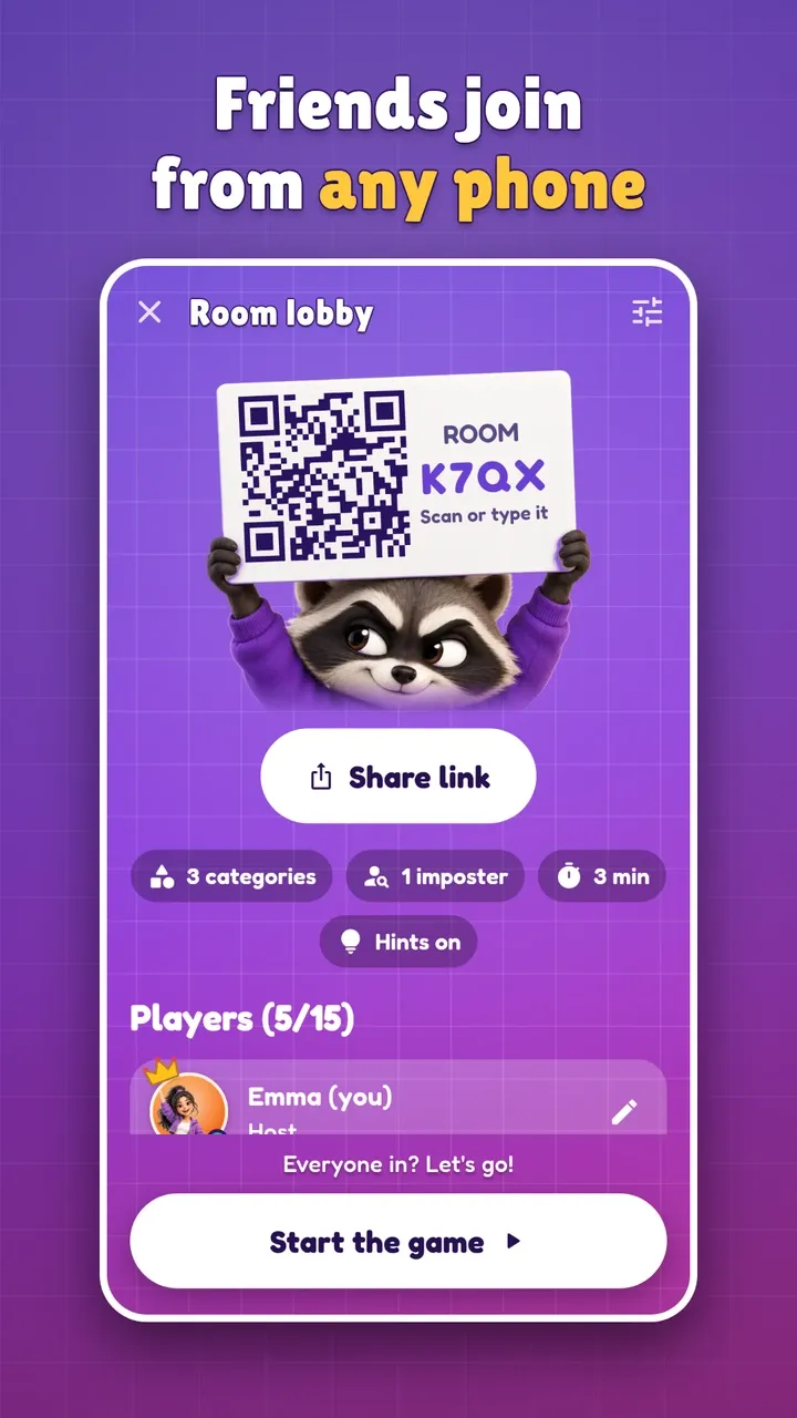 Friends join from any phone: an online room lobby with a join code.