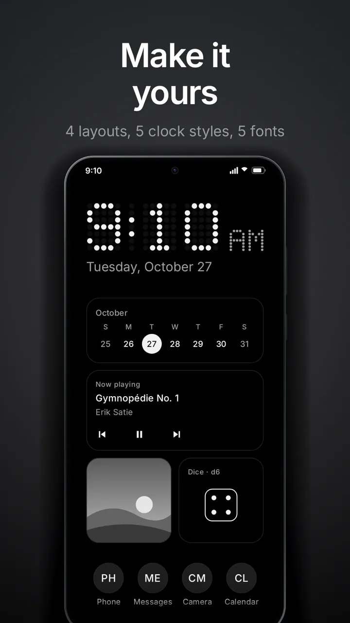 Make it yours: the Cards layout with a dot clock, calendar and music card.