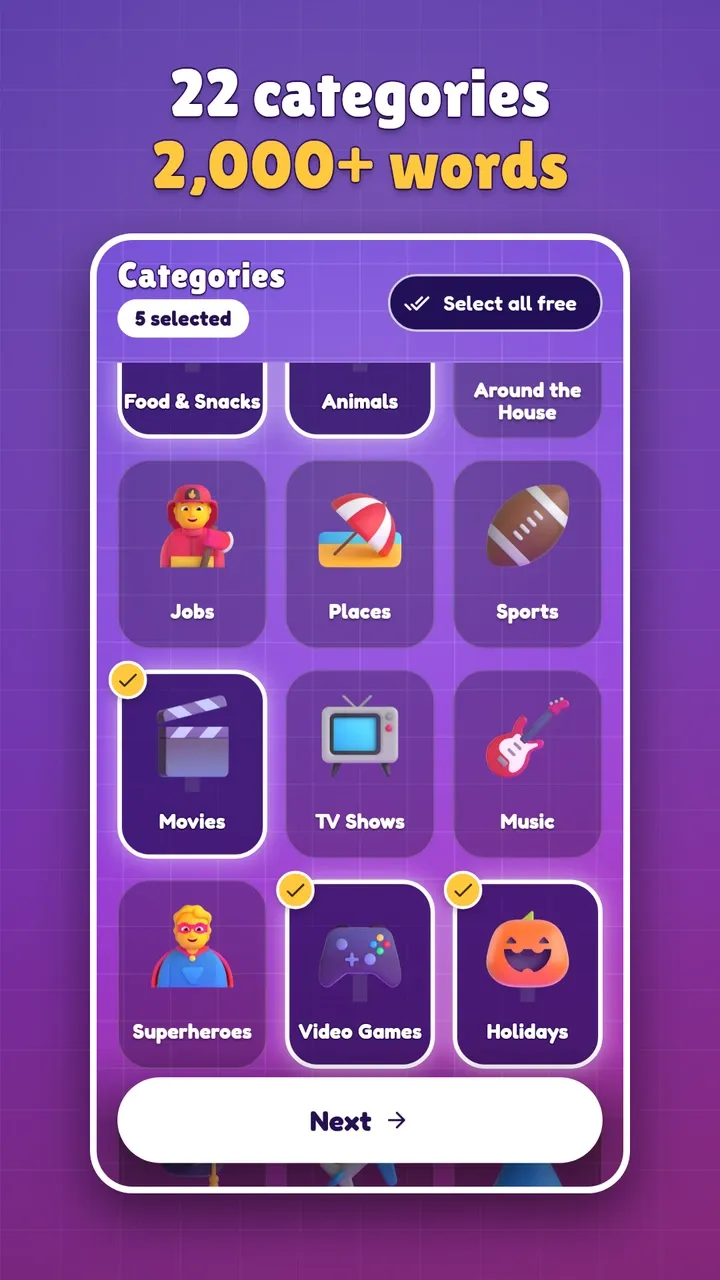 22 categories and 2,000+ words: the category picker.