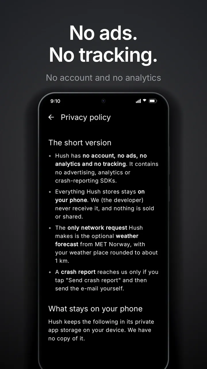 No ads, no tracking: the short version of the Hush privacy policy.