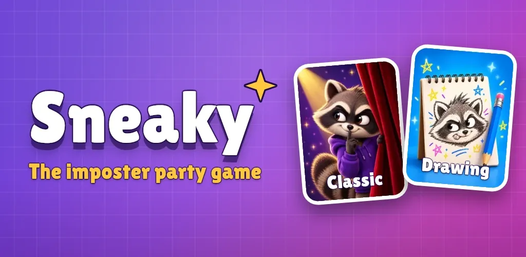 Sneaky feature graphic: the Sneaky logo, "The imposter party game", and Classic and Drawing mode cards with a raccoon.