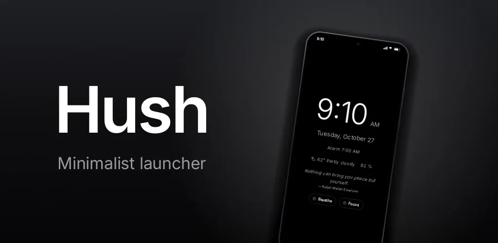 Hush feature graphic: the Hush wordmark next to a phone showing a calm clock-only home screen.